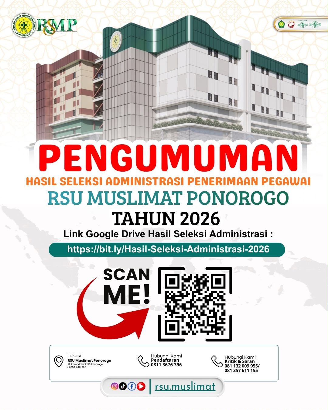 PENGUMUMAN HASIL SELEKSI ADMINISTRASI PENERIMAAN PEGAWAI RSU MUSLIMAT PONOROGO TAHUN 2026
