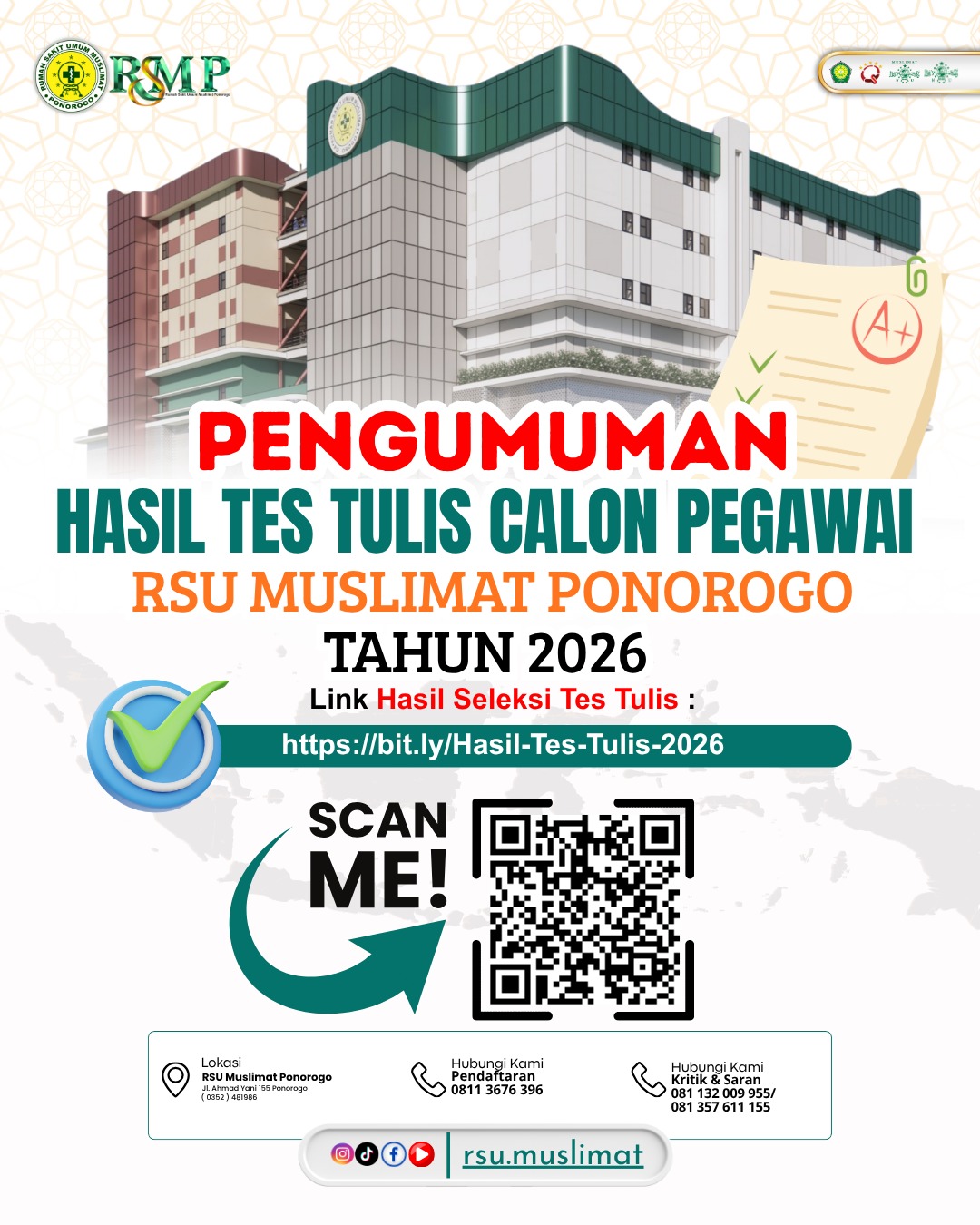 PENGUMUMAN TES TULIS PENERIMAAN PEGAWAI RSU MUSLIMAT PONOROGO TAHUN 2026